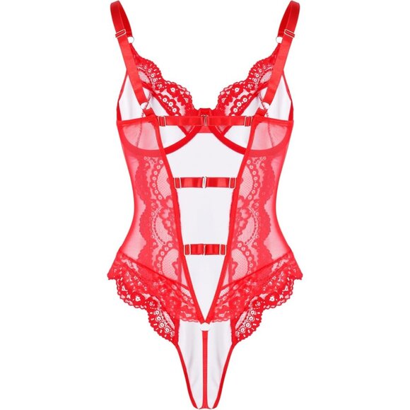 Lilosy Red Leather Underwire Push Up Lace Sheer Corset Teddy Bodysuit Women - Picture 5 of 6